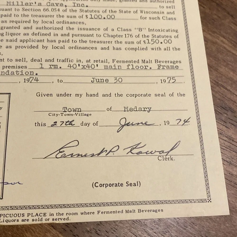 Vintage 1974 Millers Cave La Crosse WI Liquor & Tobacco License Store Permit HTF